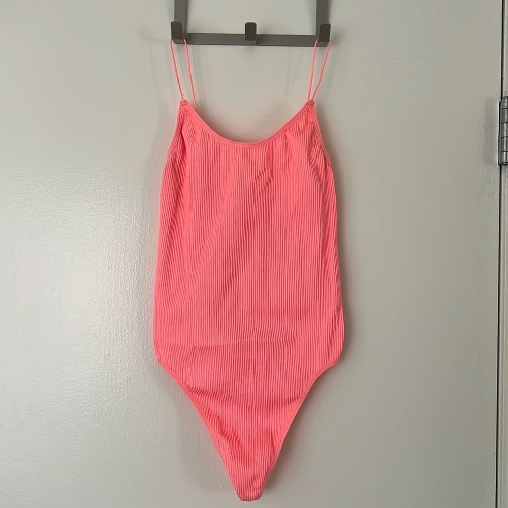 Sunday Best Coral Pink Stretchy Bodysuit with Spaghetti Straps